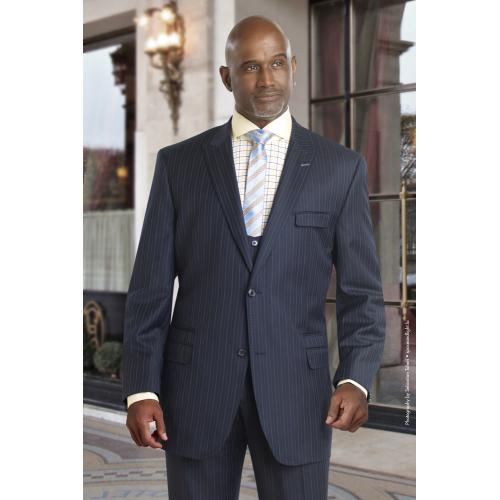 Tayion Collection Navy With Sky Blue / Red Pinstripes Design Black Hand-Pick Stitching Wool Suit 006.